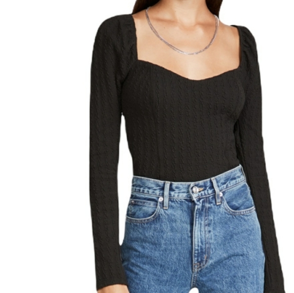 Free People | Sweetheart Neck Cable-Knit Pattern Back Tie Long Sleeve Top - Picture 4 of 13